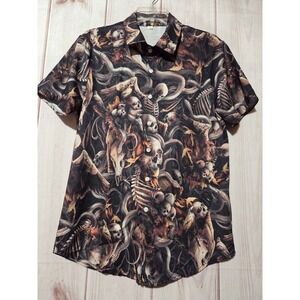 Gthic Mens Skull and Snake Graphic Short Sleeve Button Down Shirt Small Black
